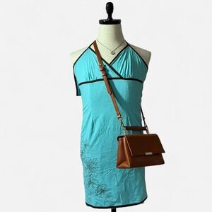 Aqua Blue Halter Dress Brown Trim Floral Design Summer Mini Dress